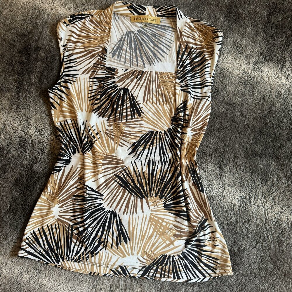 Nipon Boutique Square Neck Sleeveless Tank Top Shirt Tan/Black Blouse Small NWOT